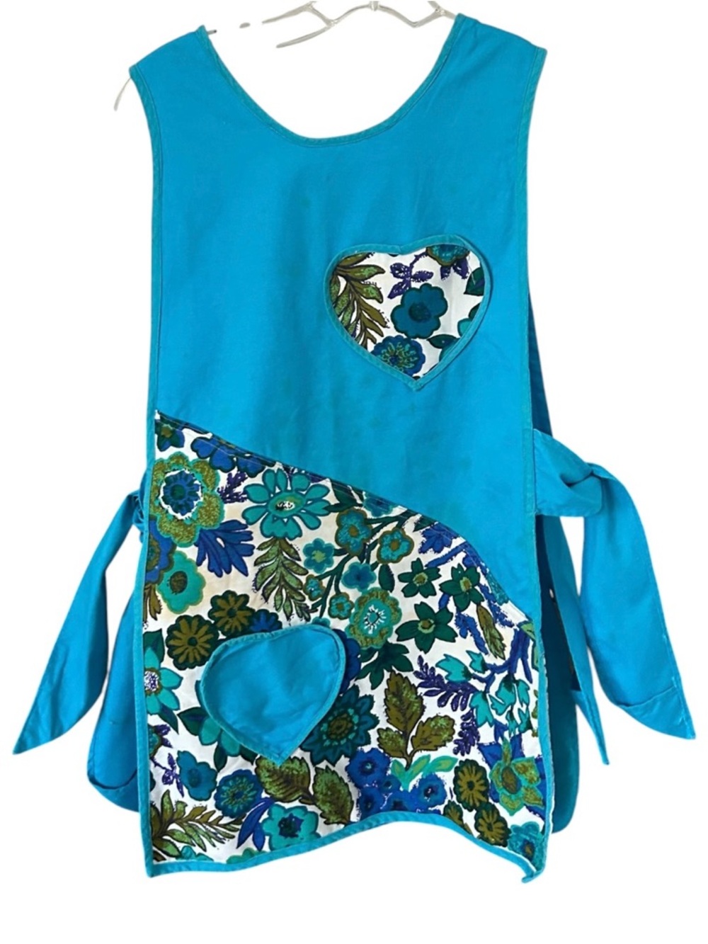 VTG Women's Cobbler Apron OS Turquoise Green Groovy Flowers Side Tie MCM READ